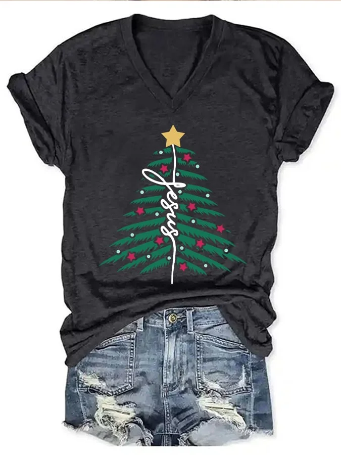 Women's   Christmas TreeJesus Faith Print T-Shirt