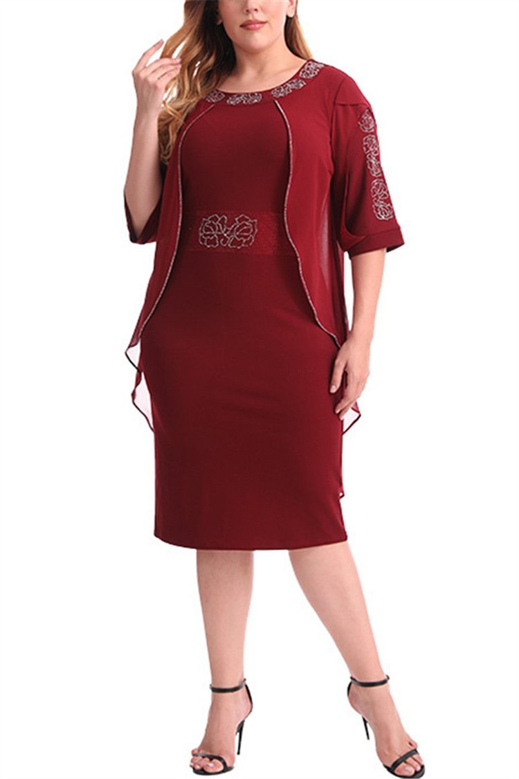 Plus Size Casual Red Hot Drilling Bodycon Round Neck Half Sleeve Faux Two Piece Midi Dress  flycurvy [product_label]
