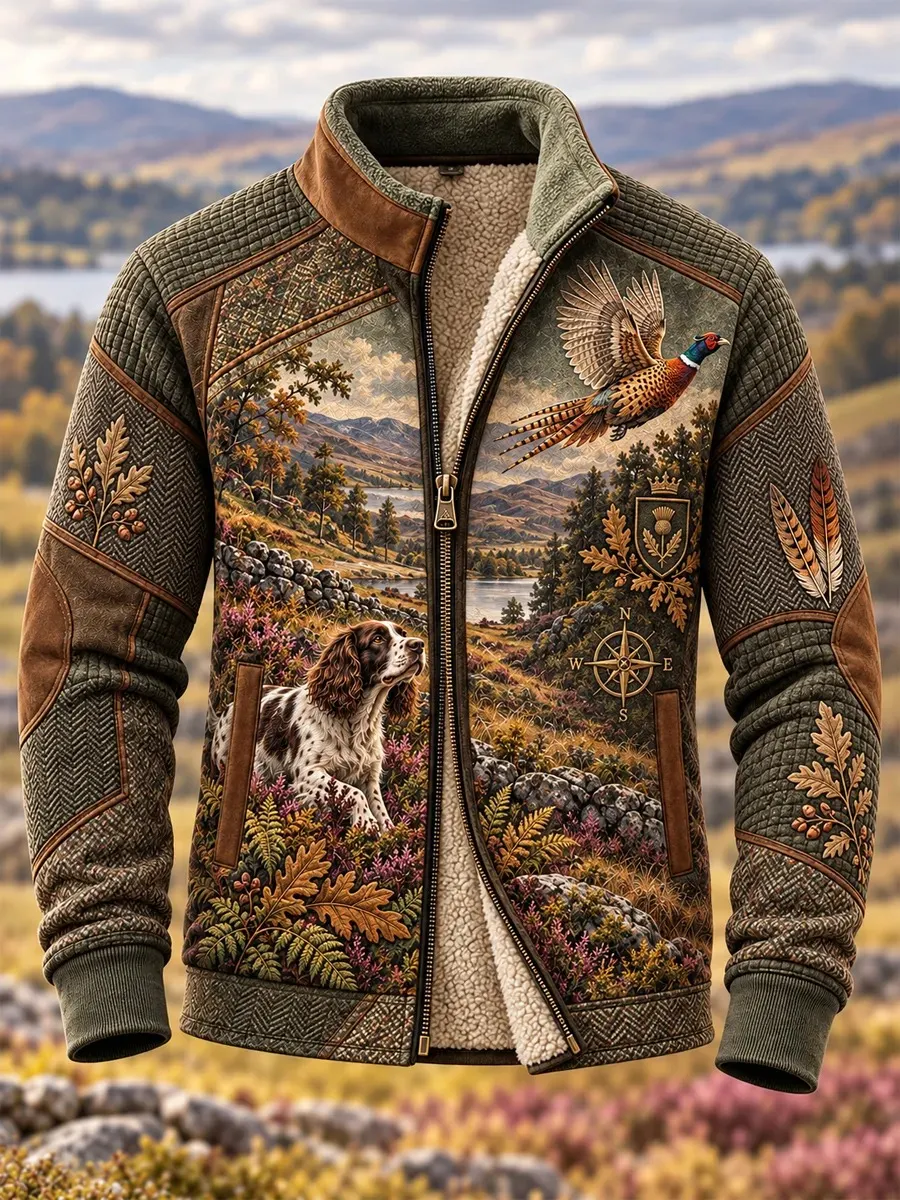 Men's Hunting Season Pheasant Spaniel Forest Scenery Print Zip-Up Jacket