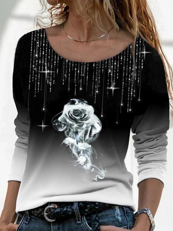 Women Long Sleeve Scoop Neck Floral Printed Graphic Top