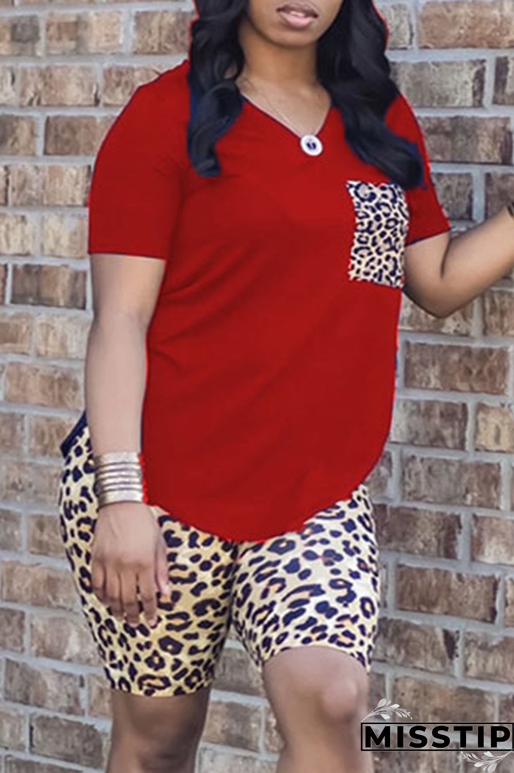 Pink Fashion Casual Leopard Printing V Neck Short Sleeve Two Pieces