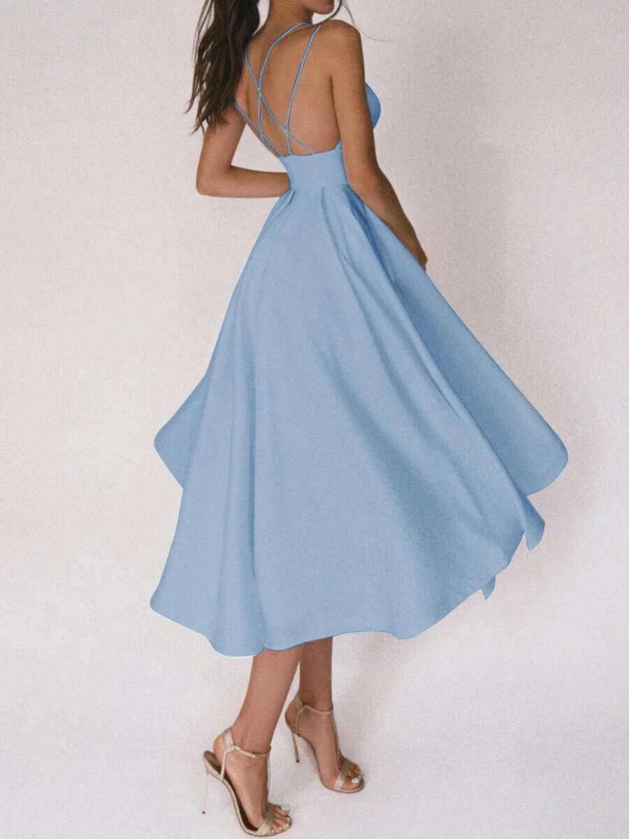 Women's summer solid color sling dress skirt mid-length high waist large swing dress