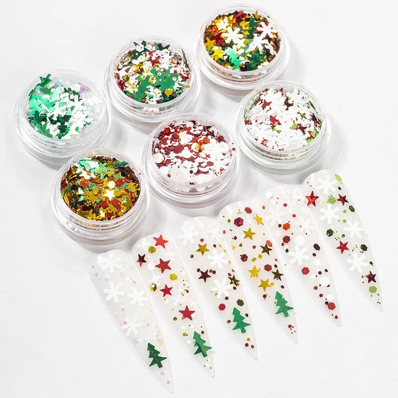 6Pcs/Set Christmas Manicure Art Decoration Snowflake Christmas Tree Snowman Pentagram Set Sequins DIY Nail Design Accessories