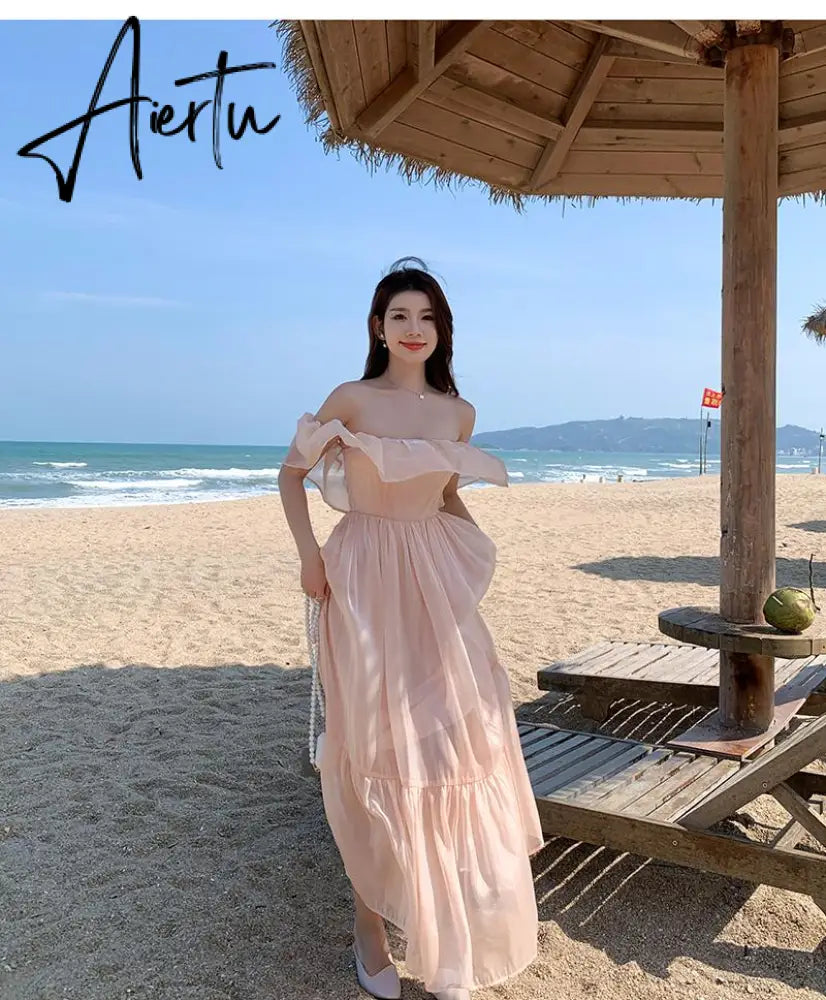 summer new lady ruffle edge off shoulder dress sweet fashion sexy long robe femme pink women slim elegant charming fairy dresses Aiertu