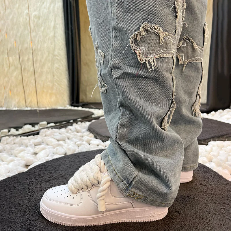 Men's Cross Embroidery Jeans Streetwear Denim Pants