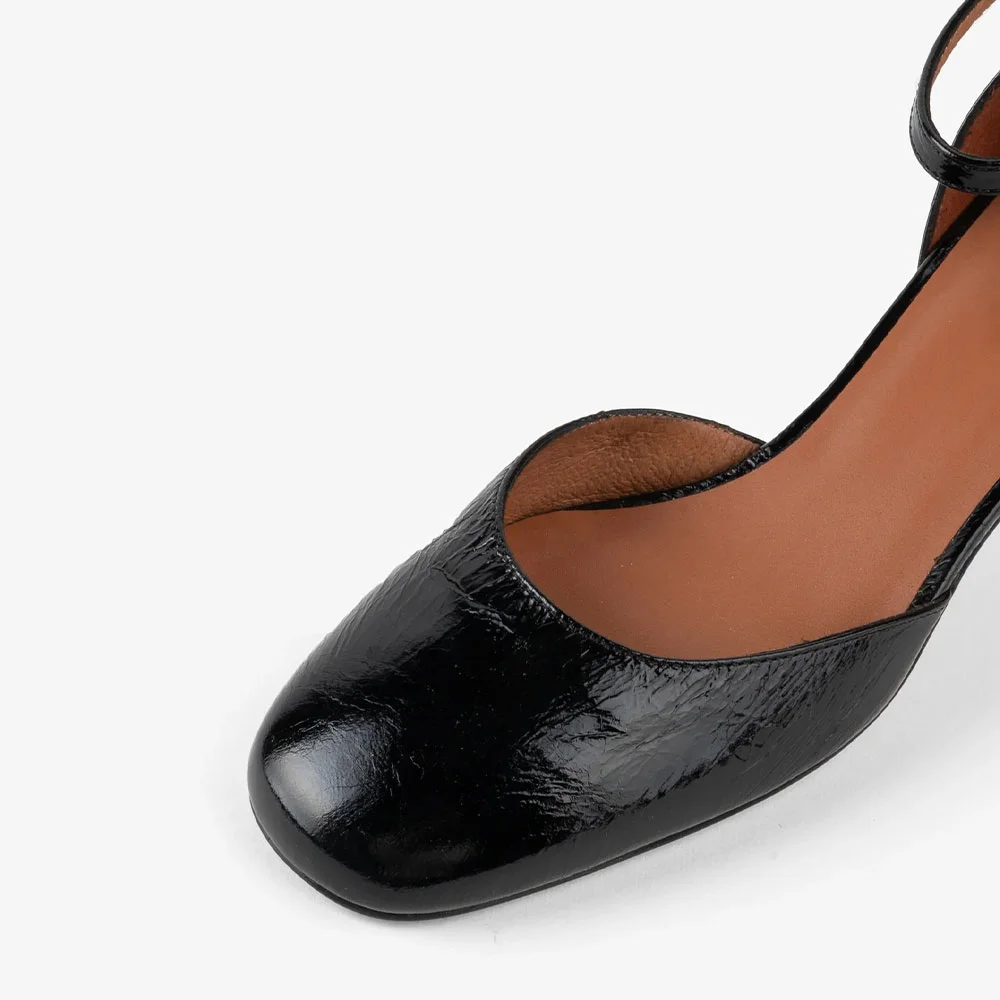 Classic Black Square Toe Chunky Heel Buckle Ankle Strap Pumps Shoes