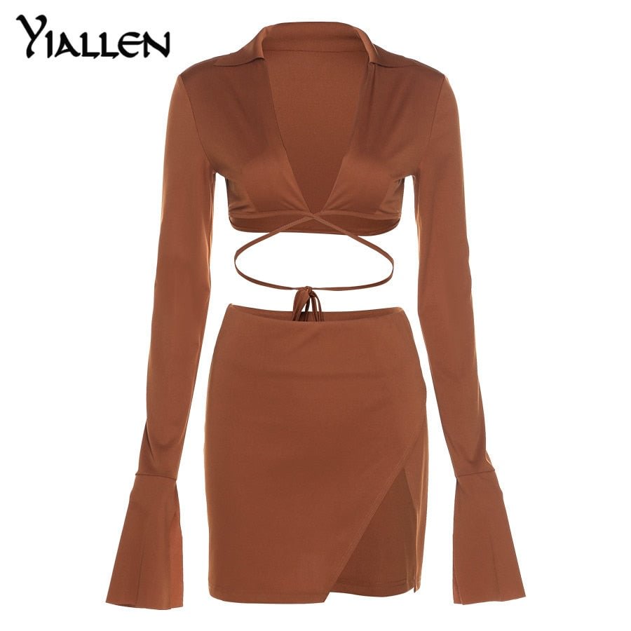 Yiallen Summer New Women Set Solid V Neck Long Sleeve Lce Up Short Top And High Waist Mini Skirt Sexy Street Two Pieces Set