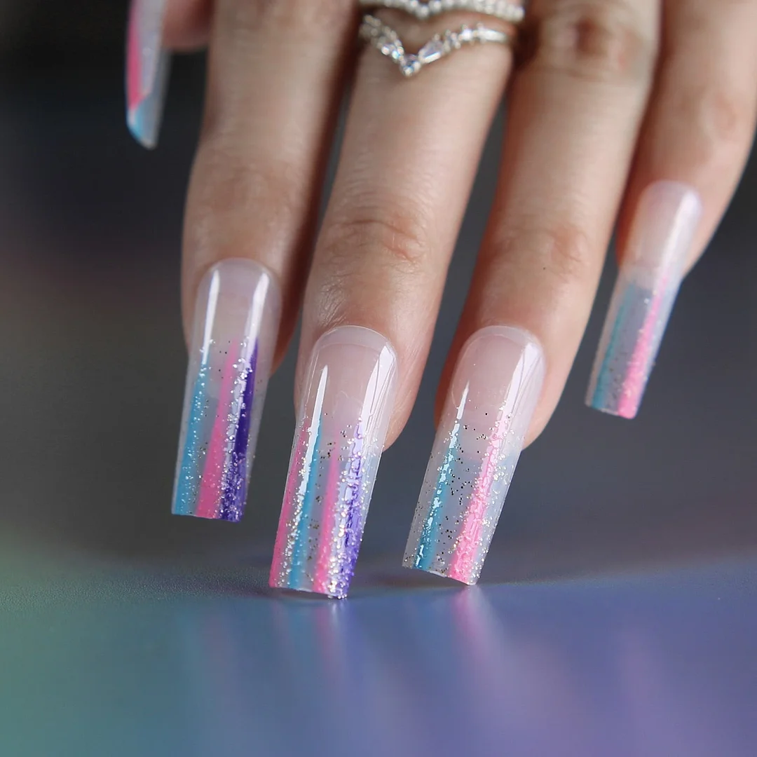 Pink Blue Extra long rectangular False nails clear rainbow glitter ombre High quality gel square Fake nails Home salon nails