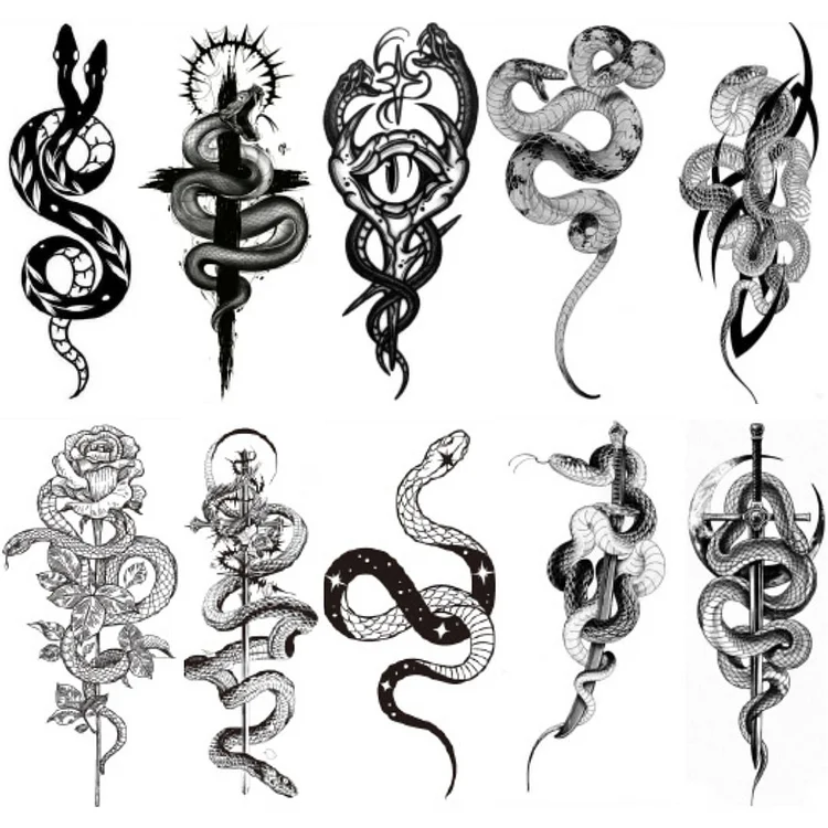 10 Sheets Large Snake Two head Rose Waterproof Temporary Tattoo