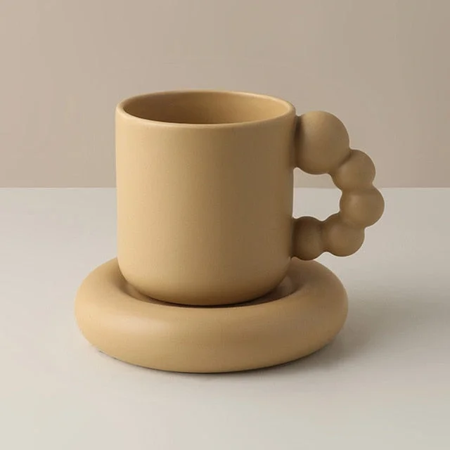 Bubble Handle Coffee Mug with Saucer-Big Handle Ceramic Mug