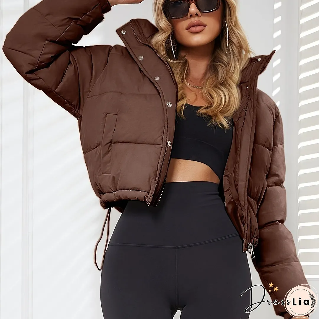 Solid Drawstring Pleated Slim Coat-Long Sleeve-Womens Clothing