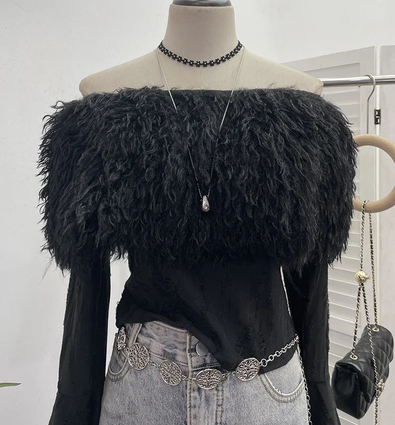 Uveng Sexy Wind Shoulder Hair Knitted Shirt Girl Short To Make Old Broken Long-Sleeved T-Shirt Top 2988