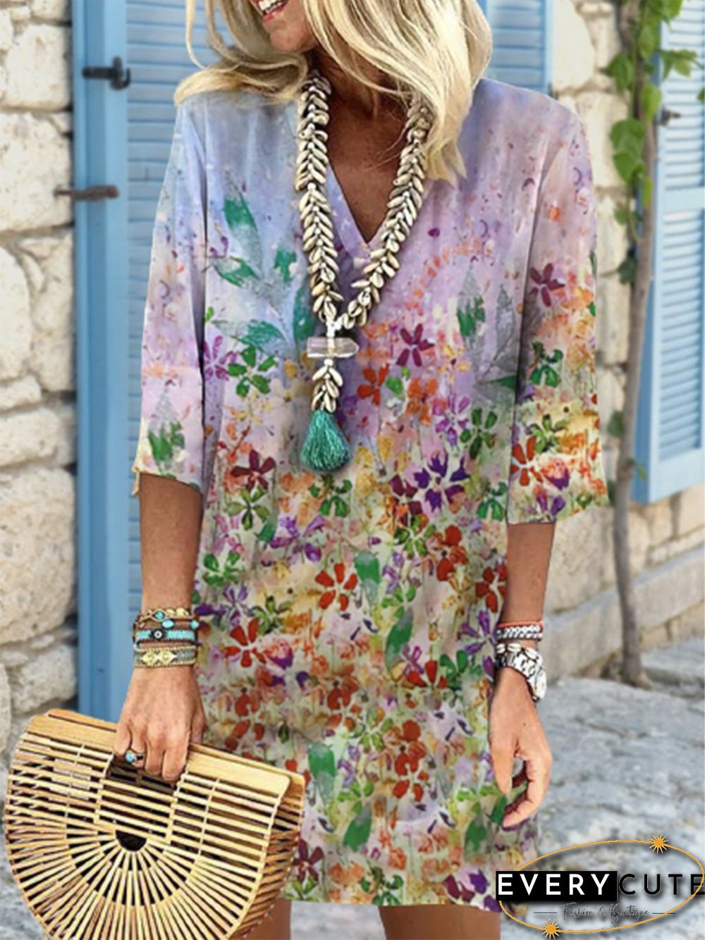 Floral 3/4 Sleeve V Neck Plus Size Casual Dresses