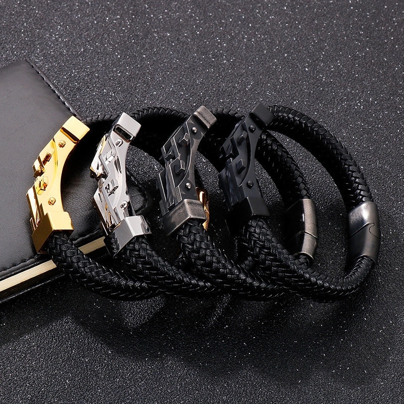 Hip-Hop Retro Geometric Stainless Steel Pu Leather Irregular Plating 18K Gold Plated Men's Bangle