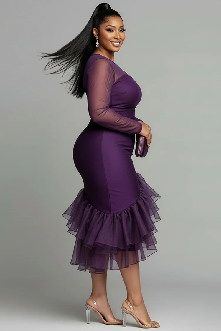 Xpluswear Design Plus Size Cocktail Party Purple Round Neck Long Sleeve Ruffle Elegant See Through Tulle Midi Dresses [Pre-Order]