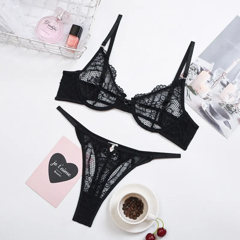 Yimunancy 2-Piece Hallow Out Bra Set Women Bra Underwire + Panty Sexy Underwear Set Ladies Fashion Lingerie Set