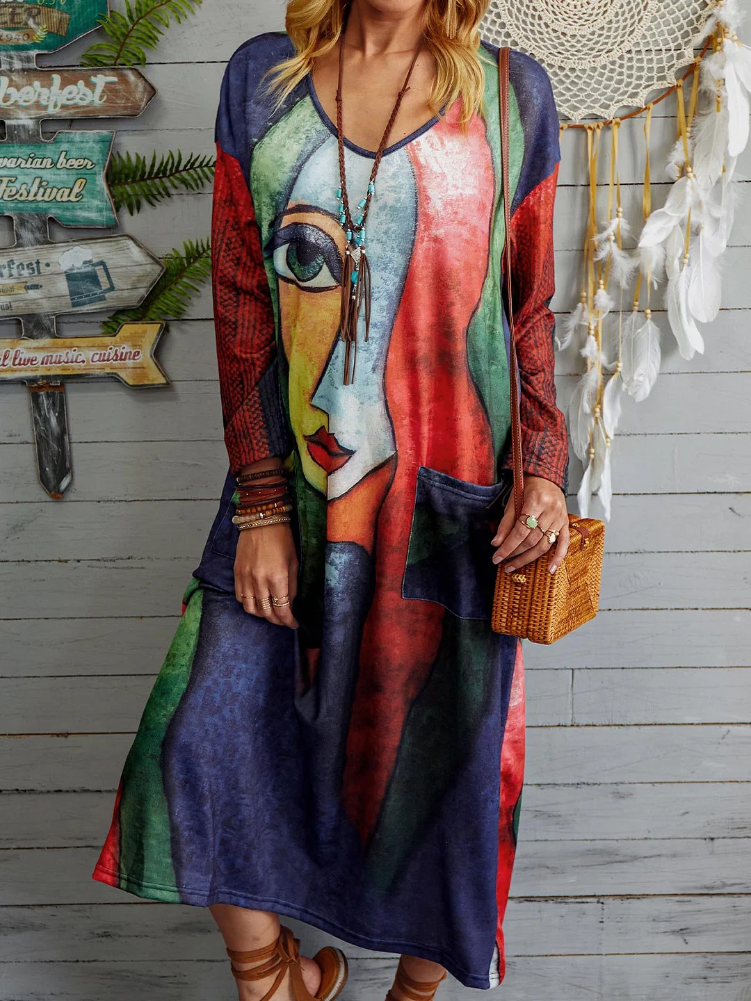Abstract Long Sleeve Knitting Dress