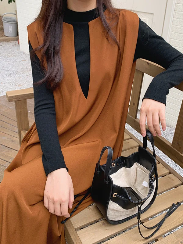 Casual Sleeveless Loose Solid Color V-Neck Midi Dresses