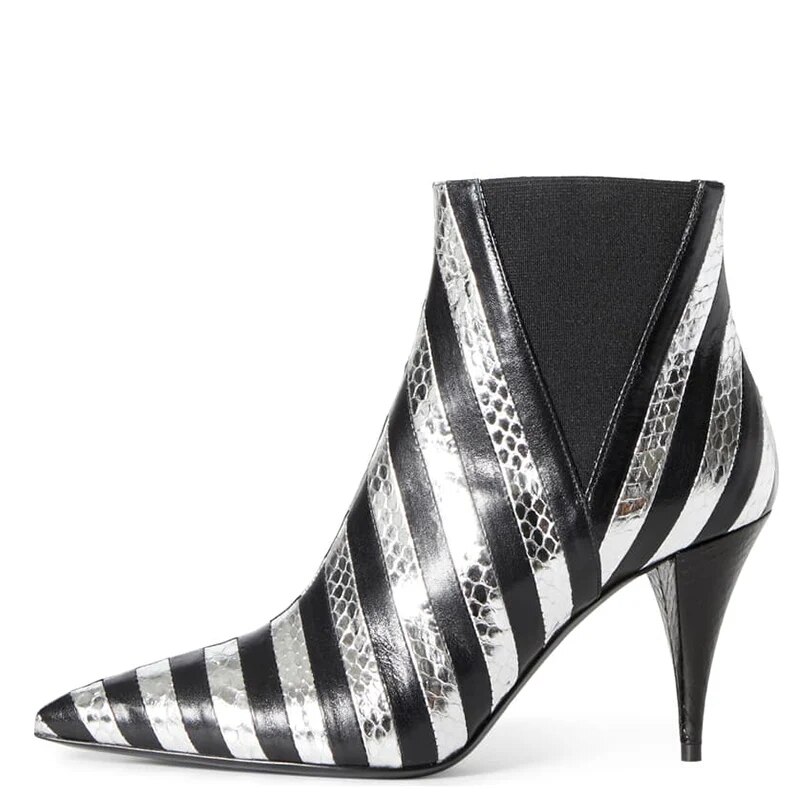 TAAFO Black Silver Snakeskin Female Booties Pointed Toe Ankle Chelsea Boots Woman Heels Elastic Shoes