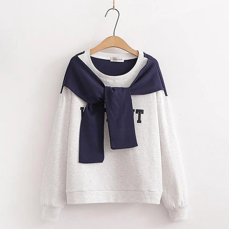 Letter Print Shawl Fake Two Pieces Sweatshirt - Modakawa Modakawa