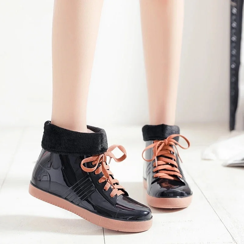 Leopard Women's Rainshoes Waterproof Non-Slip Flat Rubber Shoes Women Rain Boots Short Tube Lace Up Velvet Warmer Winter Boots