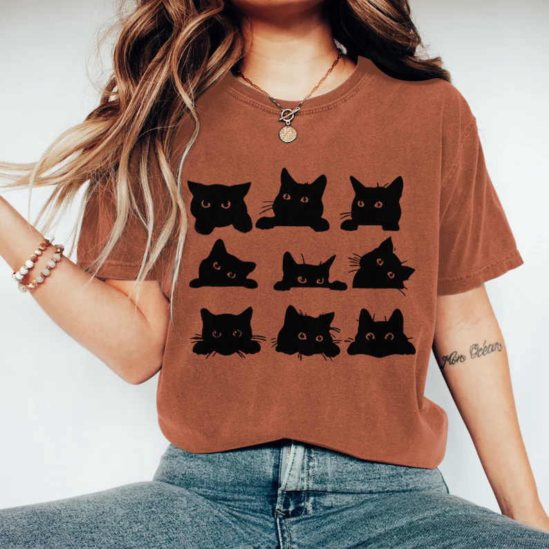 Comstylish Abstract Creative Black Cats Art Print T-shirt