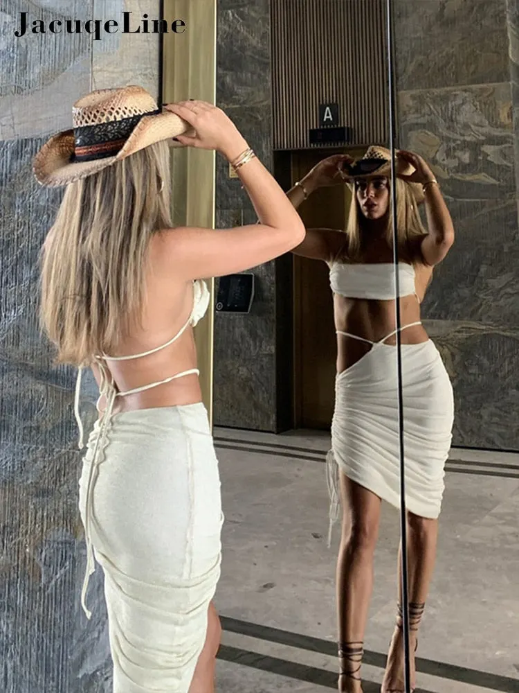 Jacuqeline Sexy Halter Tops And Ruched Midi Skirt Two Piece Sets Summer Holiday Fashion Elegant Outfits Dresses For Women 2022
