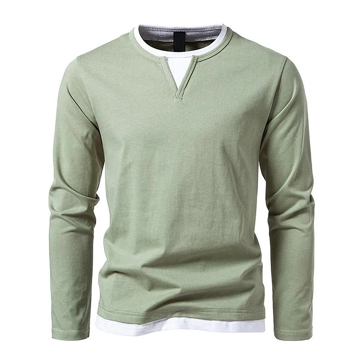 Men's Fake Two-piece Cotton Round Neck Long Sleeve Casual T-shirt 69026113Z