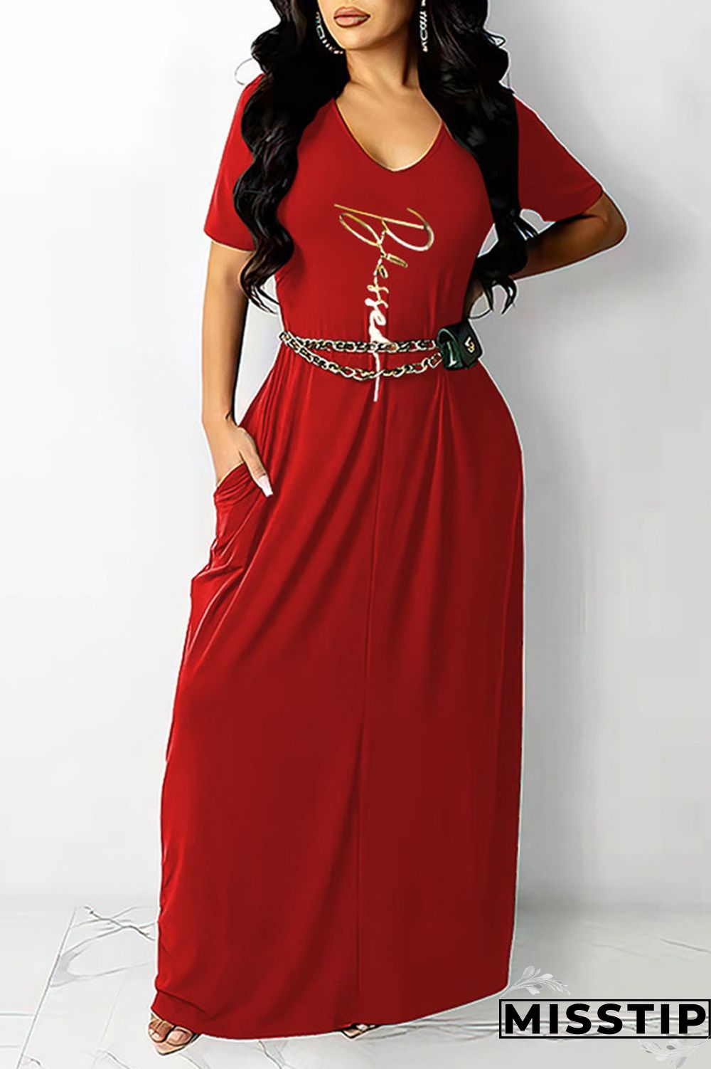 Red Casual Print Patchwork V Neck Straight Dresses