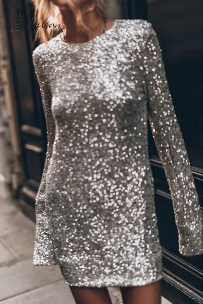 Ingvn - Casual Solid Sequins Buttons O Neck A Line Dresses Silver / S Dresses/Long Sleeve