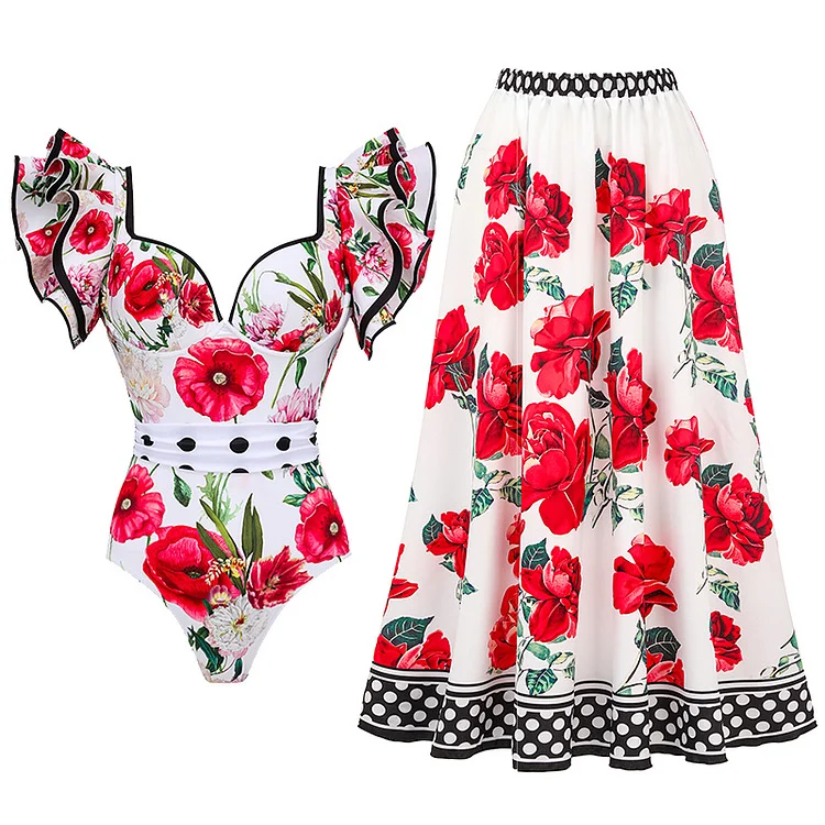 2025 New Products in Stock Hot Sale European and American Sexy One Piece Swimsuit Women's Chiffon Polyester Printing Wrap Skirt Swimsuit Outfit