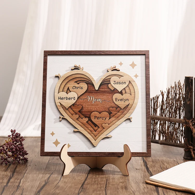 Personalized 5 Names Wooden Plaque Hearts Family Wooden Sign With Stand Mother's Day Gifts for Mom