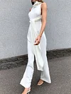 Solid Color Lace-Up Wide Leg Jumpsuits