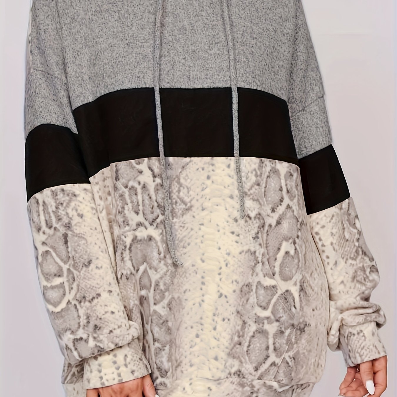 Color Block Snakeskin Print Hoodie, Casual Long Sleeve Mid Length Drawstring Hoodie Sewatshirt, Women's Clothing