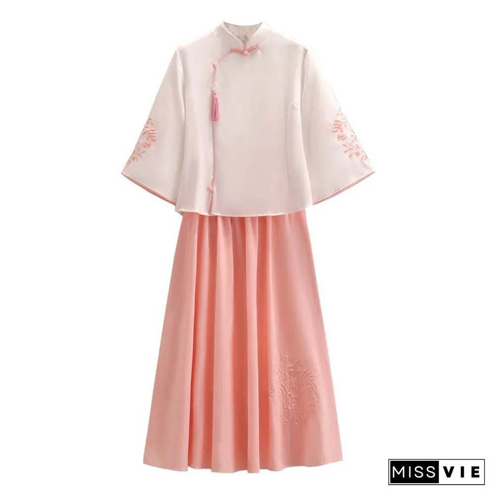 Blossom Print Fringed Sweatshirt Slim Vintage Top Skirt Set