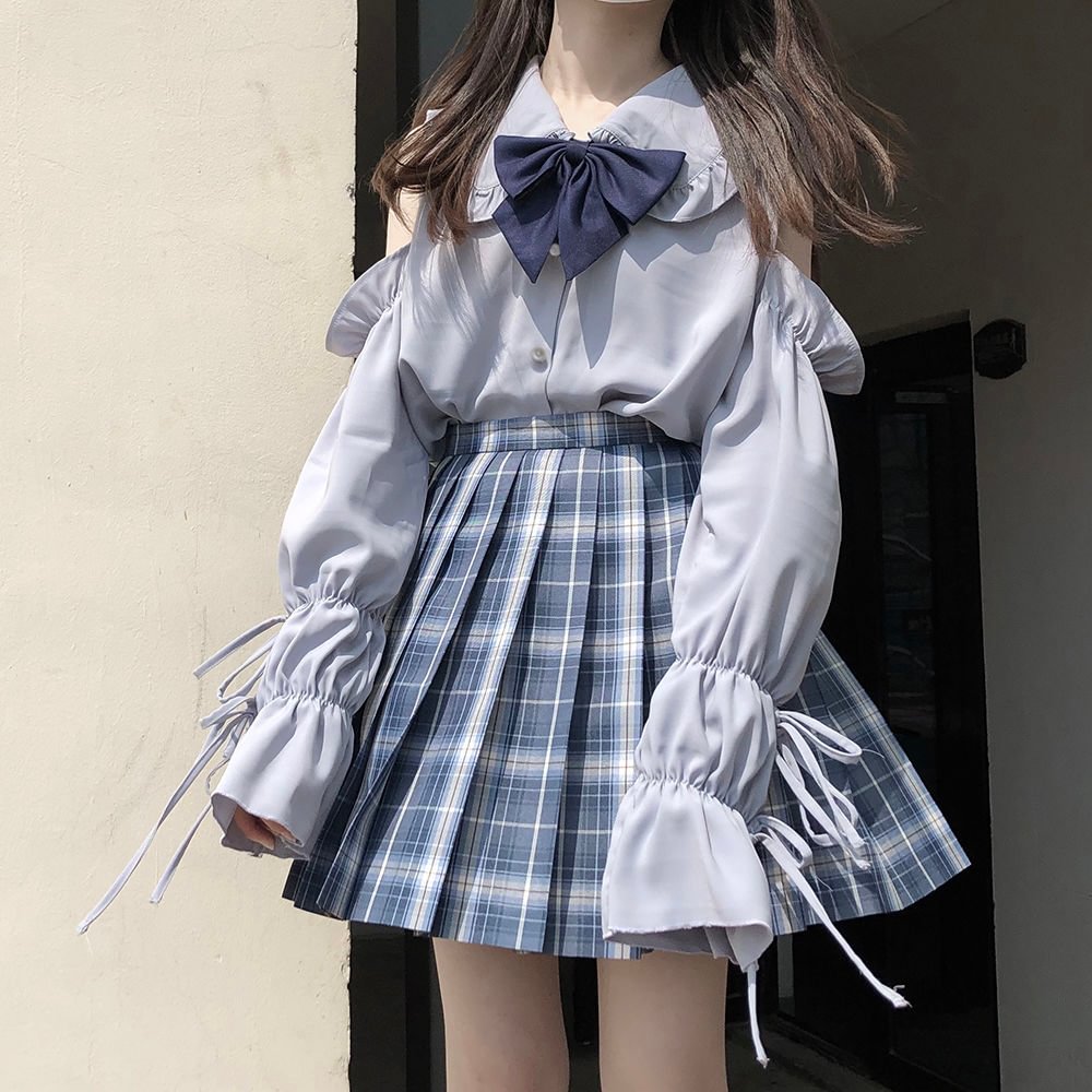 Harajuku Women Shirt Oversize Long Sleeve Blouses And Shirts Puff Sleeve Ruffle Off Shoulder Top Cute Clothes White Black