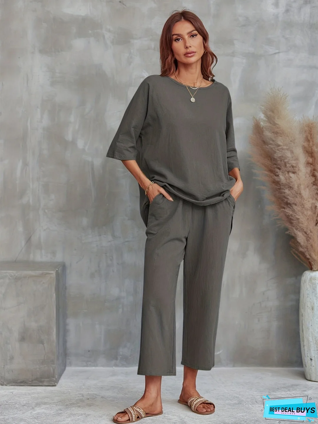 Solid Casual Two-piece Set, Crew Neck Half Sleeve Tee & Wide Leg Pants Outfits, Women's Clothing
