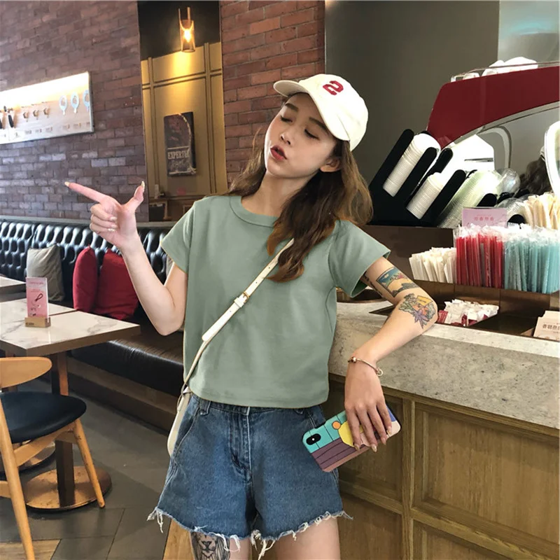 Uveng Uveng Cotton 2024 Summer Wear New Pure Cotton Short Style Show Thin Crop Short-Sleeve T-Shirt Women's Slim And Versatile Pure Color Jacket Tide