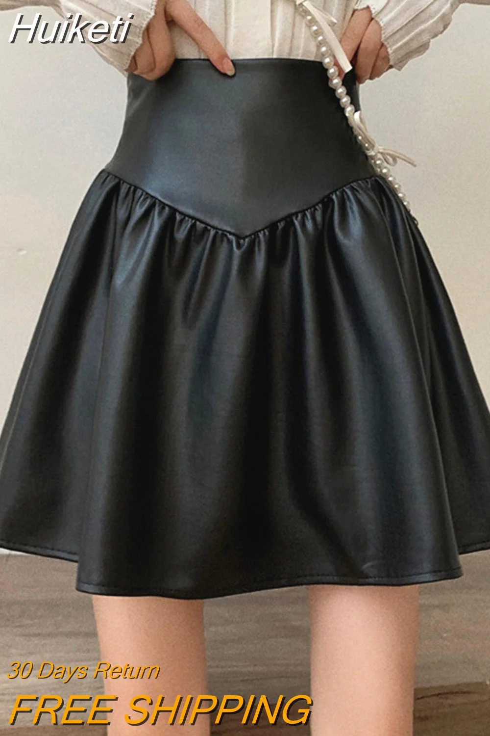 Huiketi Spring Summer Mini Pleated Black Brown Soft Pu Leather Skirt Women High Waist Preppy Style A Line Kawaii Korean Fashion