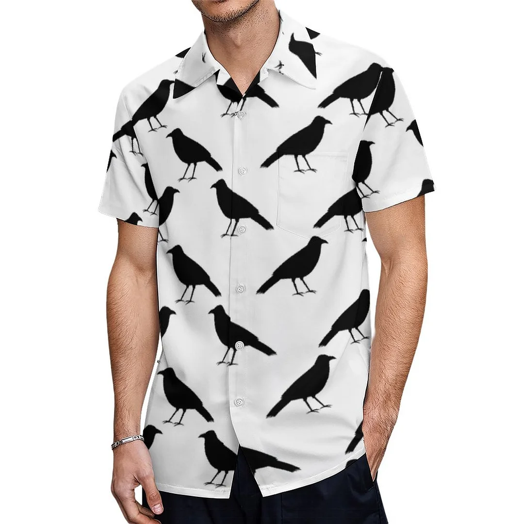 Short Sleeve Black White Crow Hawaiian Shirt Mens Button Down Plus Size Tropical Hawaii Beach Shirts
