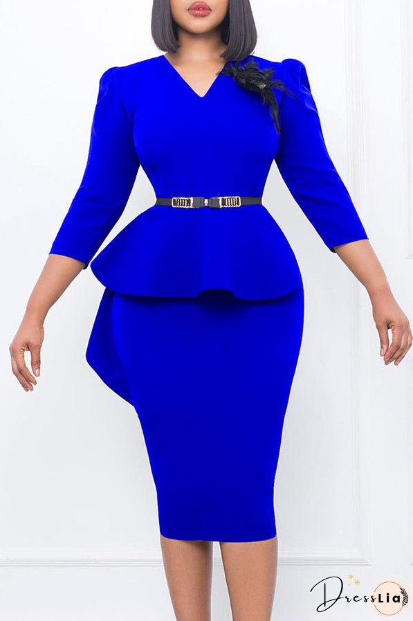 V-Neck Ruffle Hem Side Draped Dress