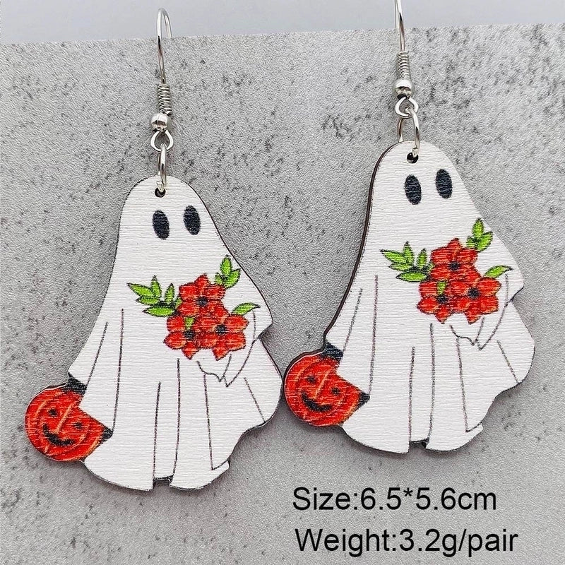 Funny Streetwear Halloween Pattern Spider Wood Drop Earrings