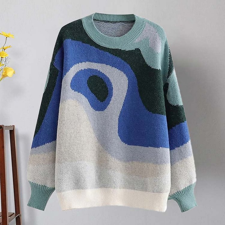 Chic Abstract Print Colorblock Sweater - Modakawa Modakawa