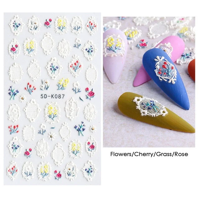 Nail Stickers Embossed 5D Elegant Halloween Vampire Skull White Flowers Designs Back Glue Nail Decals Tips For Beauty Salons-Nail Inspo