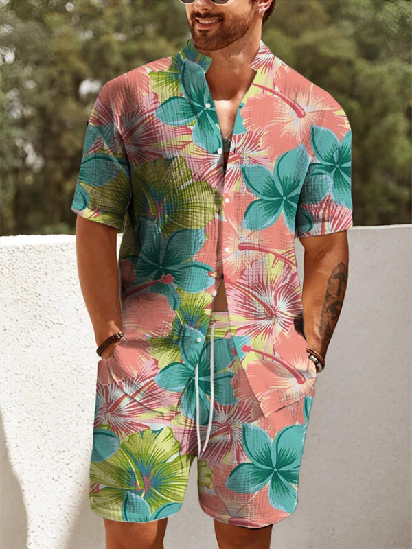 Men's Floral Plant All Over Print Short Sleeve Shirt Set