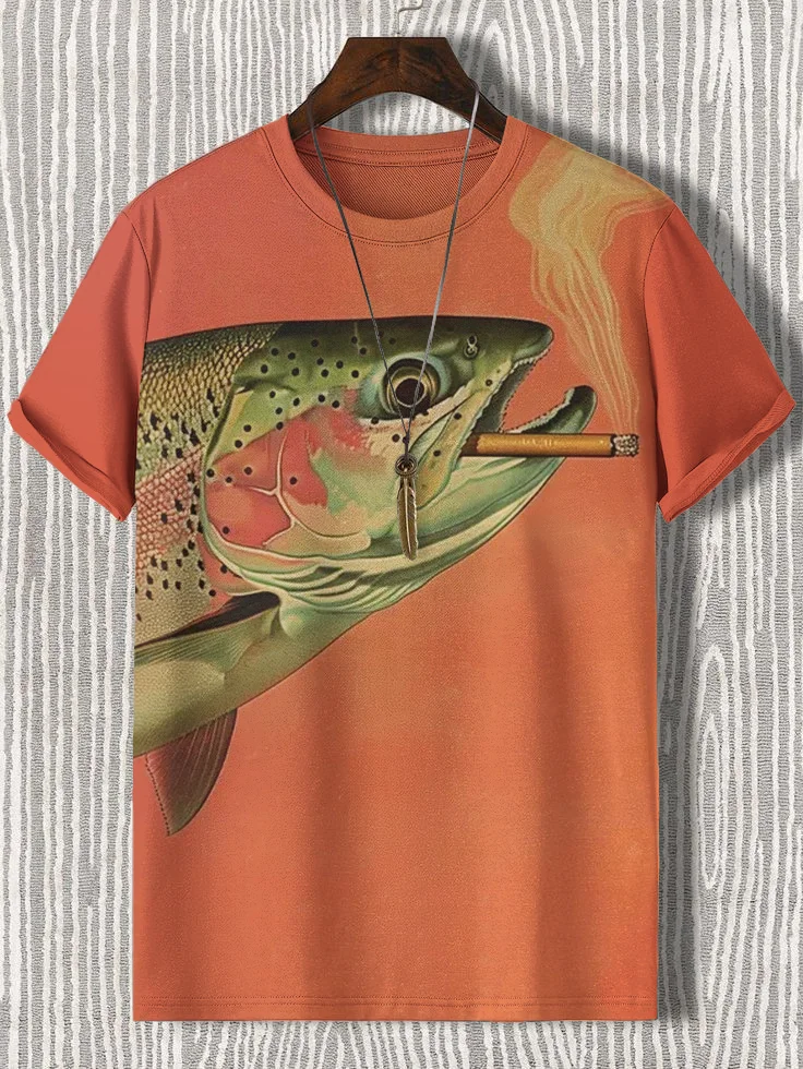 Men's Fish Smoking Cigarettes Print Casual T-Shirt