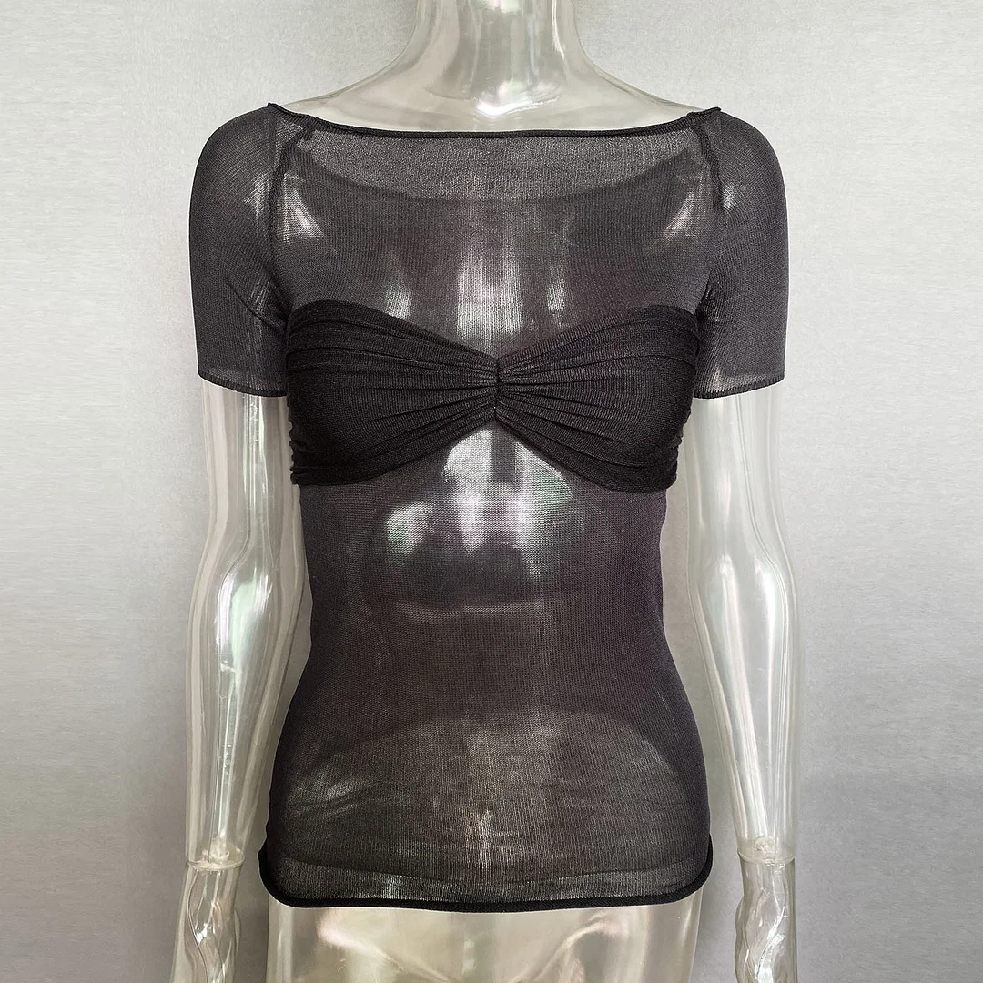 Uveng Spring And Summer Explosion Women's Dress A Word Collar Perspective Short-Sleeved T-Shirt Top