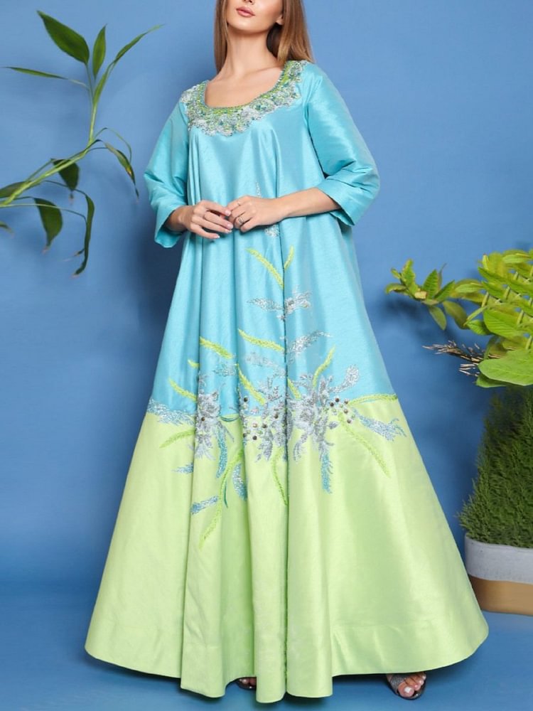 Satin Printing Round Neck Long Sleeve Dress