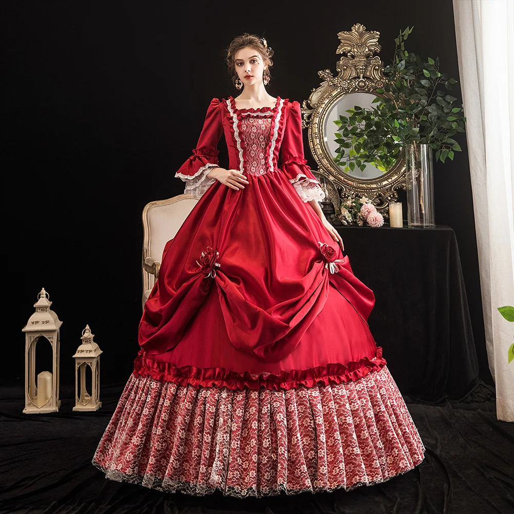 Marie Antoinette Costume Red Victorian Dress Flared Sleeves Lace and Ruffles Ball gown Prom Dress Costume Novameme