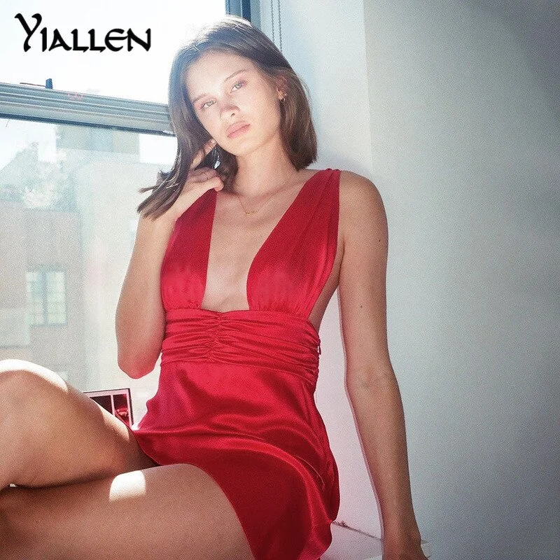 Yiallen Summer 2022 Satin Deep V Neck Party Dress Mini Sleeveless Women Backless Black Club Dresses Fashion Elegant Vestidos